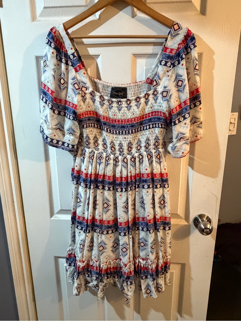 Boho Smock Mini Dress in White with Red & Blue Tribal Print